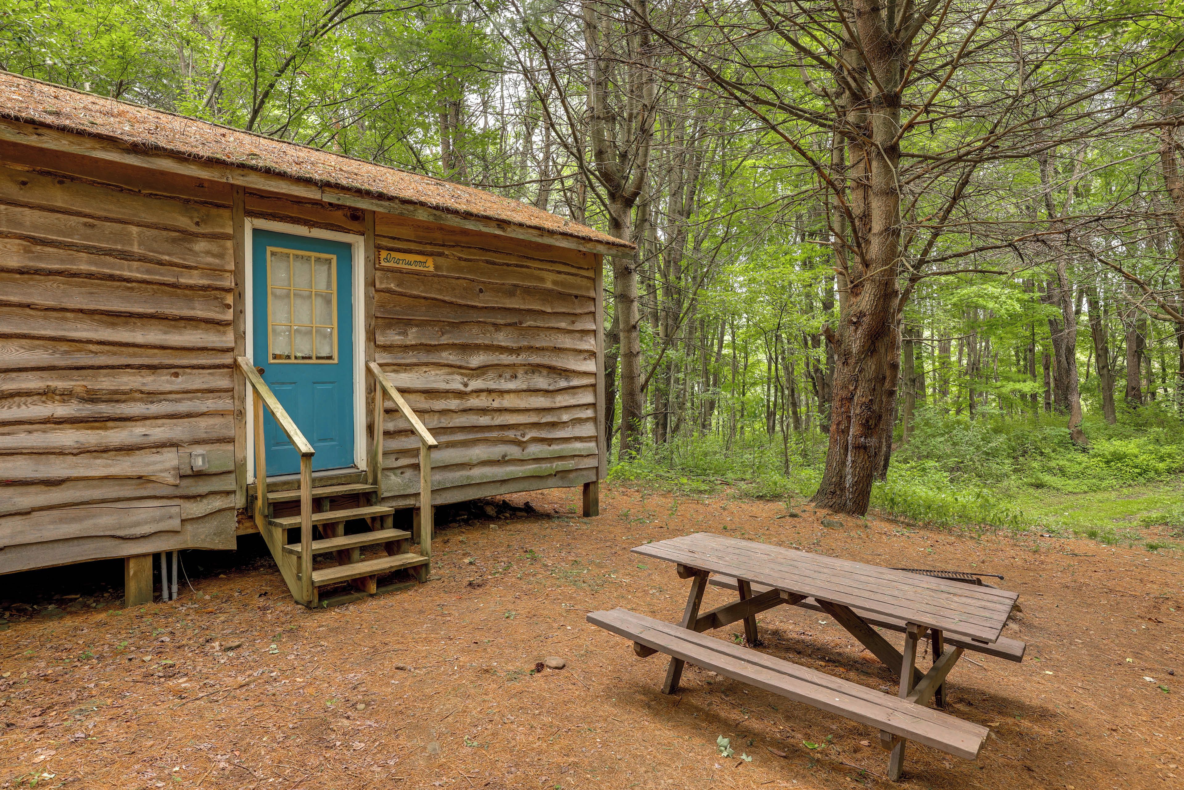 A rustic cabin with a blue door and a wooden staircase leading up to it.