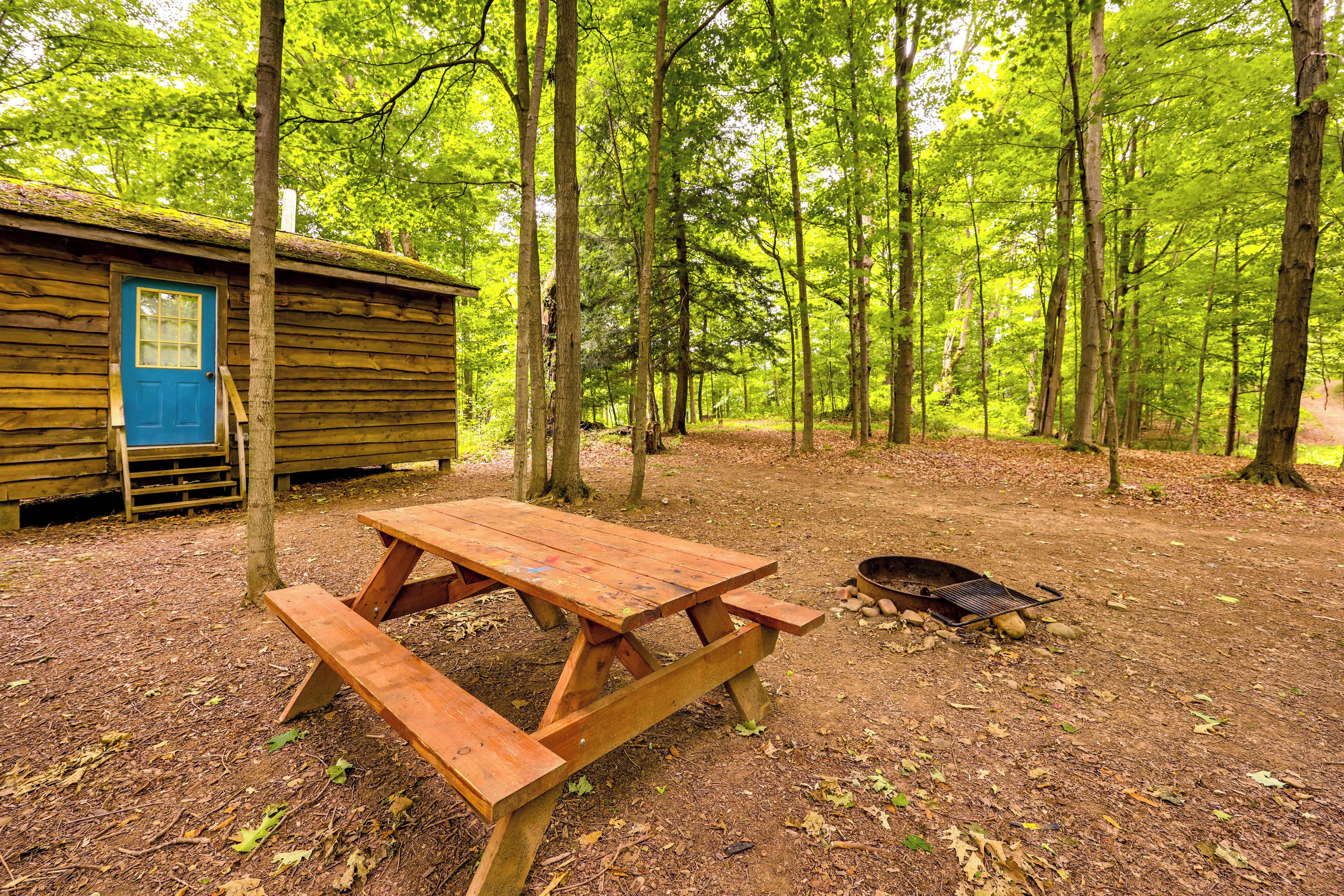 A rustic wooden cabin with a blue door, surrounded by a forest with a picnic table and a fire pit.