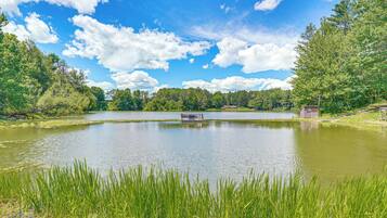 A tranquil lake surrounded by lush greenery and a clear blue sky.