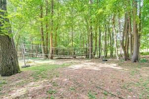 A forested area with a rope bridge, trees, and a dirt ground.