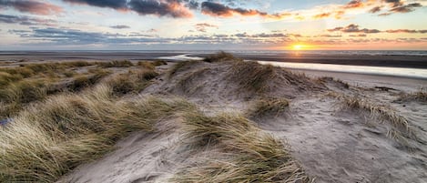 Un paisaje de playa con dunas y un atardecer.