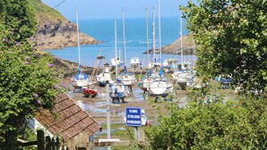 A coastal marina with boats docked, a boat cafe, and a sign prohibiting jet skis, kayaks, and paddleboards. - Seagull Lodge (Ilfracombe)