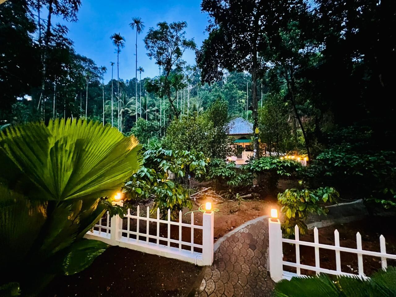 A pathway leading to a building surrounded by lush greenery and a white fence.
