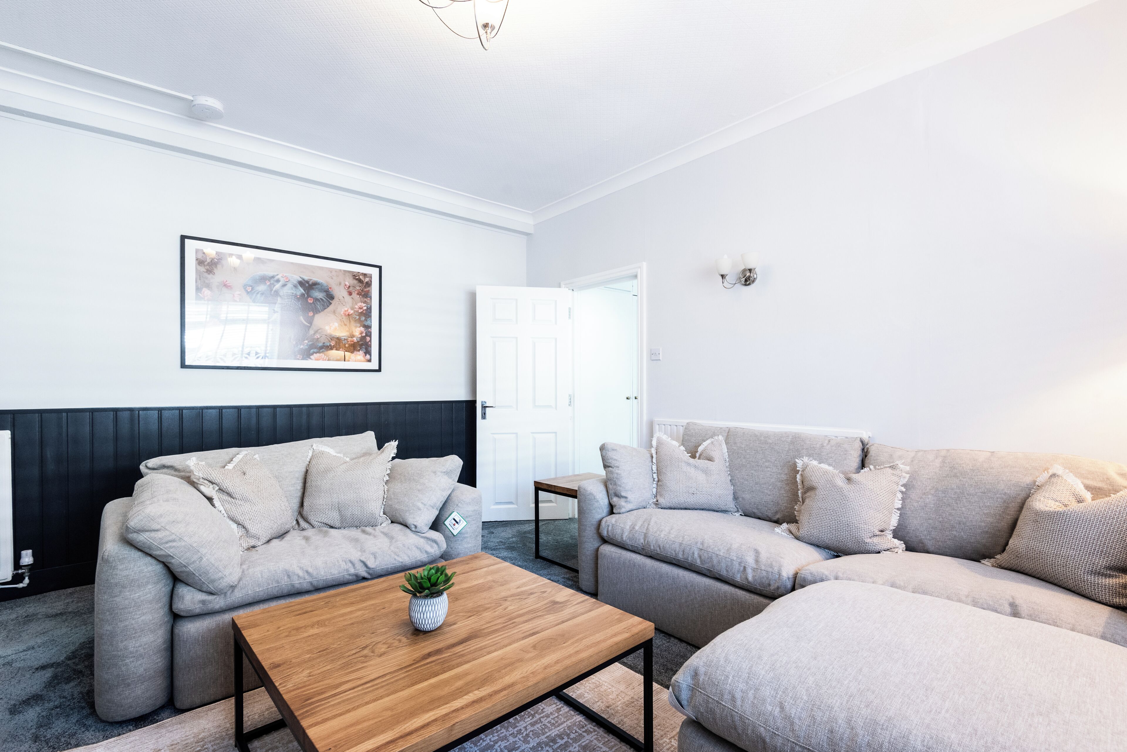 A modern living room with two sofas, a coffee table, a framed picture, and a door.