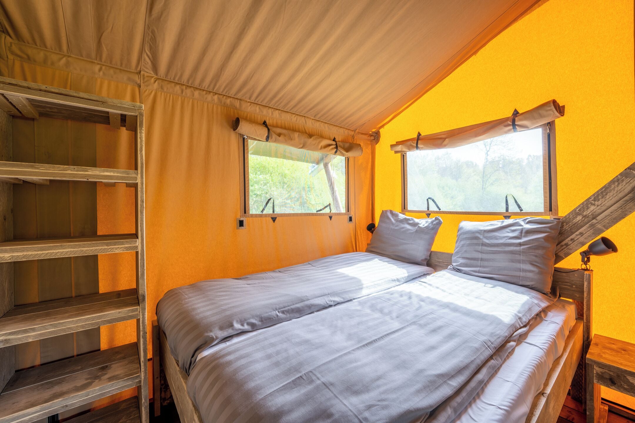 A tented room with a bed, two windows, and a ladder.