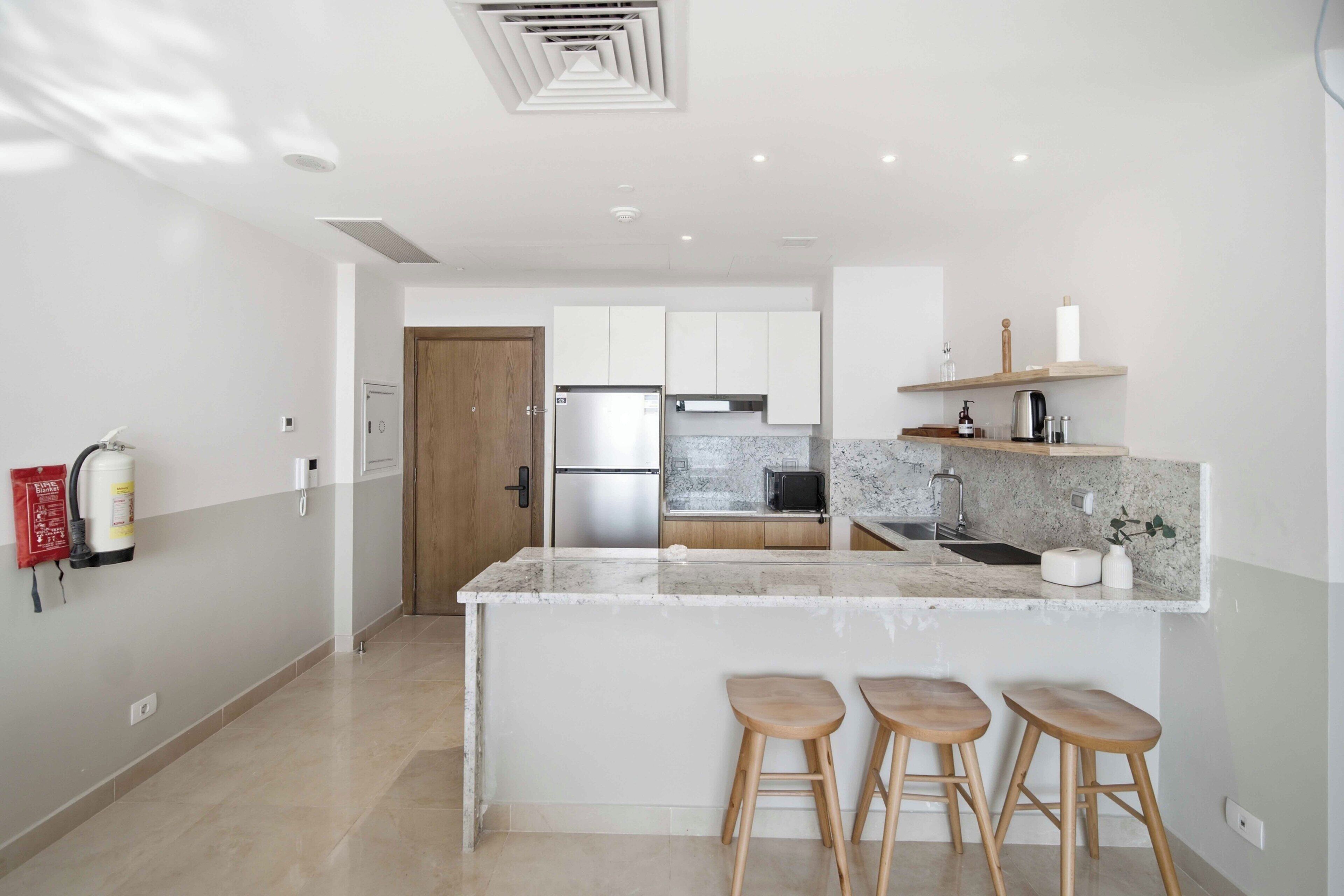 Economy Apartment, Sea View | Private kitchen | Fridge, microwave, oven