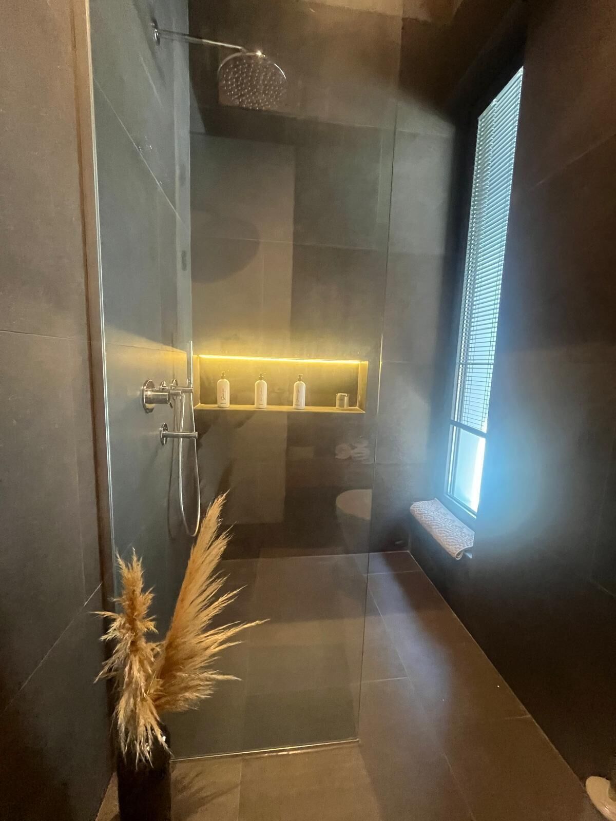 Een moderne douchecel met een glazen deur, een handdouche en een plank met toiletartikelen.