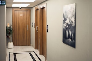 A hallway with wooden doors, a potted plant, a black and white artwork, and a sign with a number. - Kalkan Hotel (Istanbul)