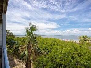 Uitzicht op een strand met palmbomen en een heldere lucht.