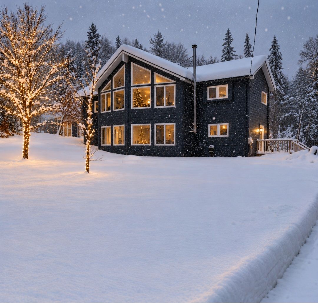 A two-story house with a snow-covered roof and windows, surrounded by trees and a snow-covered ground.