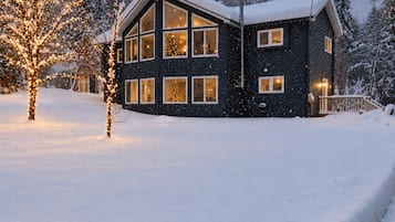 A two-story house with a snow-covered roof and windows, surrounded by trees and a snow-covered ground.