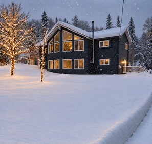Uma casa de dois andares com telhado e janelas cobertas de neve, rodeada por árvores e solo também coberto de neve.