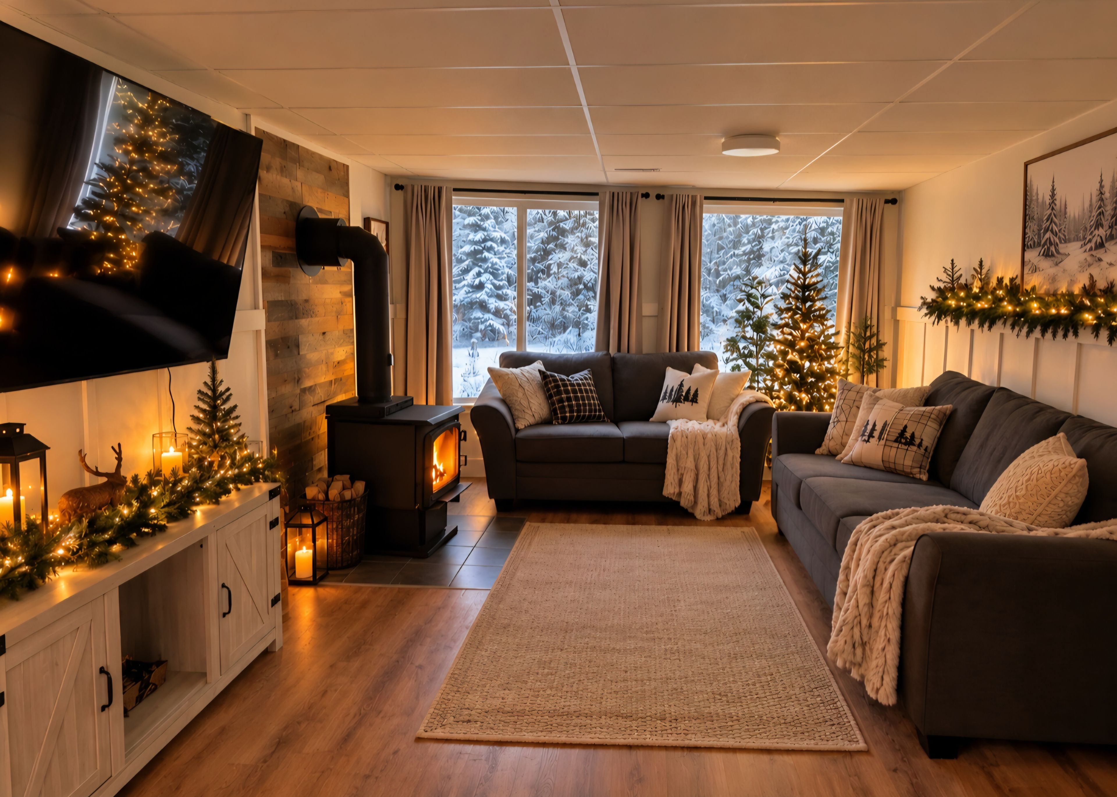 Una sala de estar acogedora con chimenea, sofás y televisor.