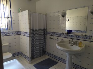 Ein Badezimmer mit Toilette, Dusche, Waschbecken und Spiegel.