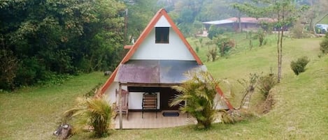 Una pequeña casa de un solo piso con techo inclinado, rodeada de césped y árboles.