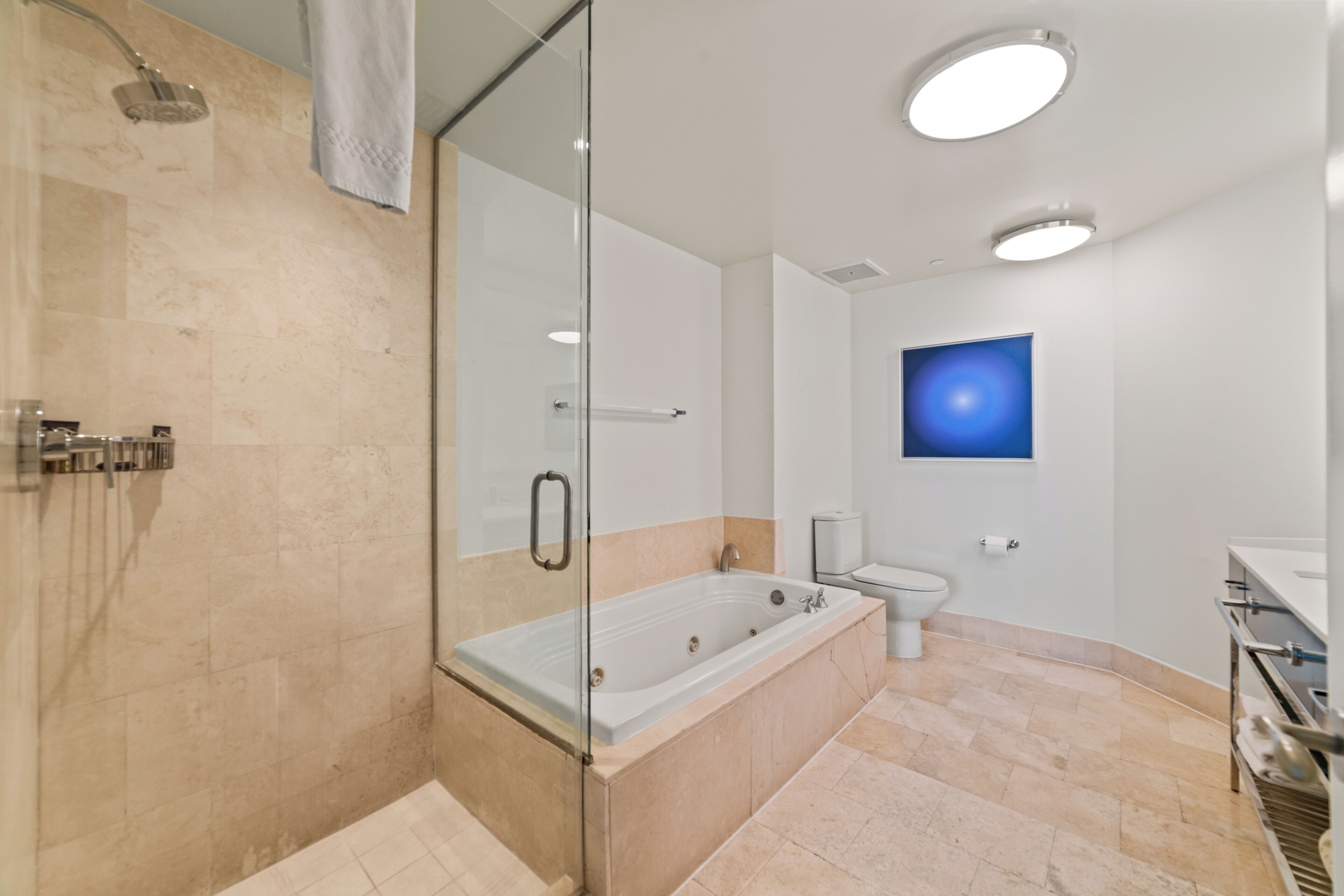 A modern bathroom with a glass-enclosed shower, a freestanding bathtub, a toilet, and a sink.