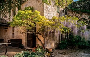 A rustic stone building with a tree in front, a bench, and a hanging flower display.