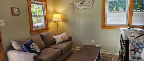 A cozy living room with a brown sofa, a wooden coffee table, and a lamp.