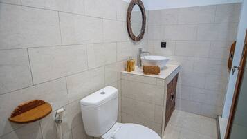 Villa, 2 Bedrooms, Balcony, Pool View | Bathroom | Hair dryer (on request), slippers, soap, shampoo