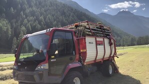 Ein roter und weißer Lastwagen mit einer Pritsche steht in einem Feld mit Bergen im Hintergrund.
