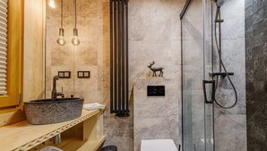 A modern bathroom with a vessel sink, a glass shower enclosure, and a toilet. - Two-story Mountain-style House, Sauna, Jacuzzi (Poronin)