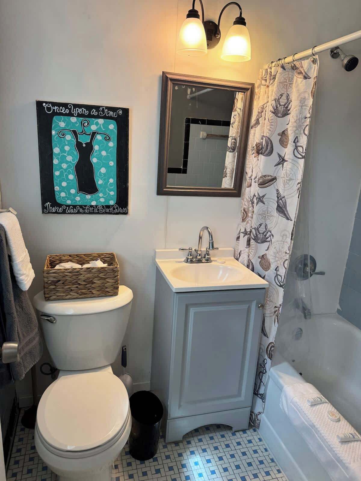Shower, hair dryer, shampoo