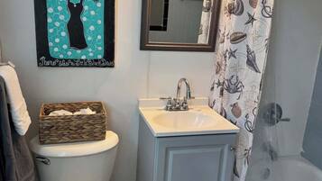 Shower, hair dryer, shampoo