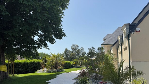 Ein gepflasterter Weg führt zu einem Gebäude mit moderner Architektur, umgeben von einem gepflegten Garten mit verschiedenen Pflanzen und einem Hecken.