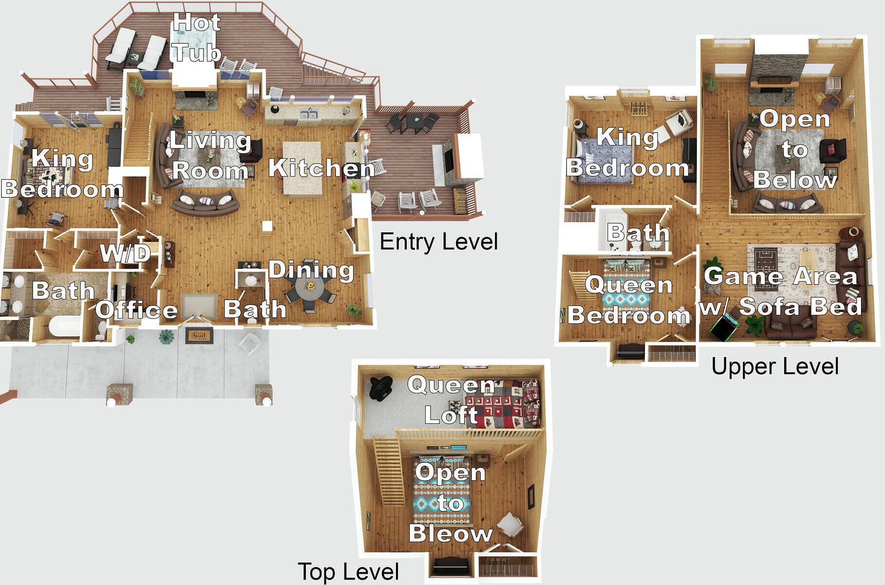 Un plan d’une maison à plusieurs niveaux, avec des pièces clairement identifiées, notamment une chambre avec un grand lit, un salon, une cuisine, une salle à manger et des salles de bain.