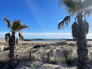 Une vue sur la plage, avec des palmiers et une clôture en bois.