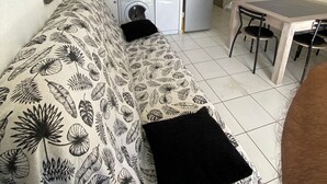 Um espaço compacto com cozinha compacta, área de refeições e sofá com estampa de folhas.