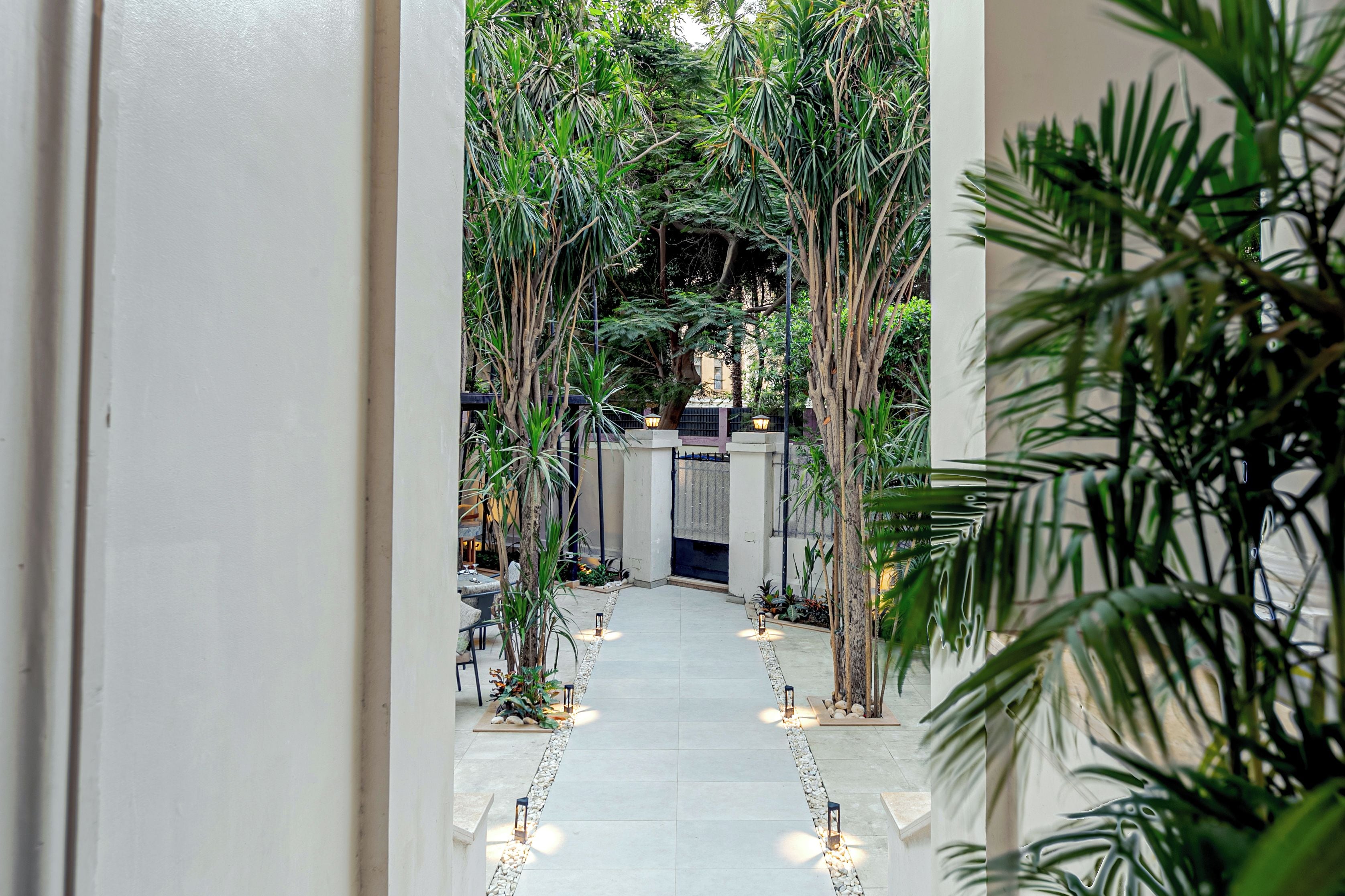 Un sendero bordeado de árboles y plantas que lleva a la entrada de un edificio.