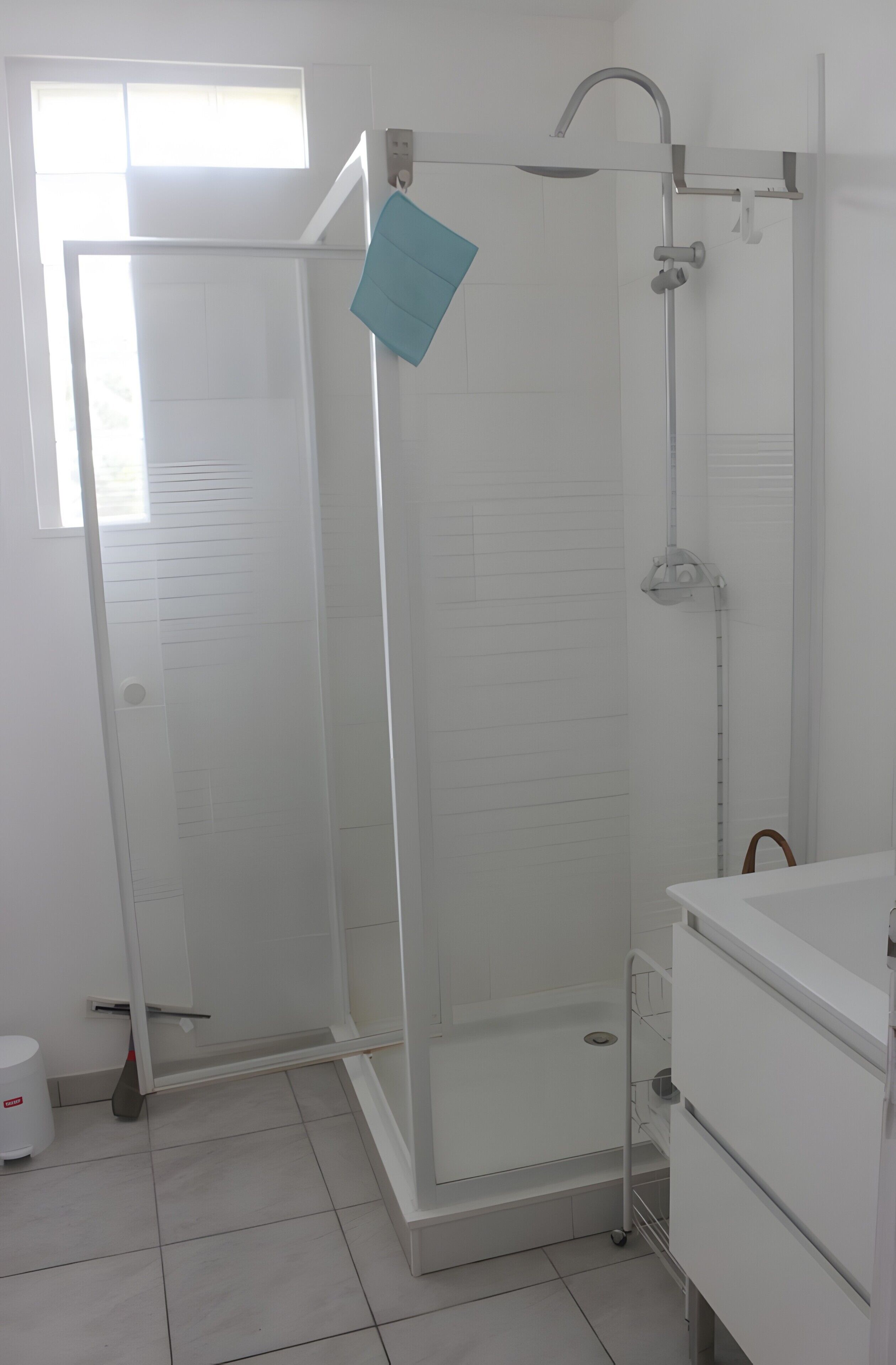 Une salle de bain moderne avec une douche à parois de verre, un lavabo blanc et des toilettes.