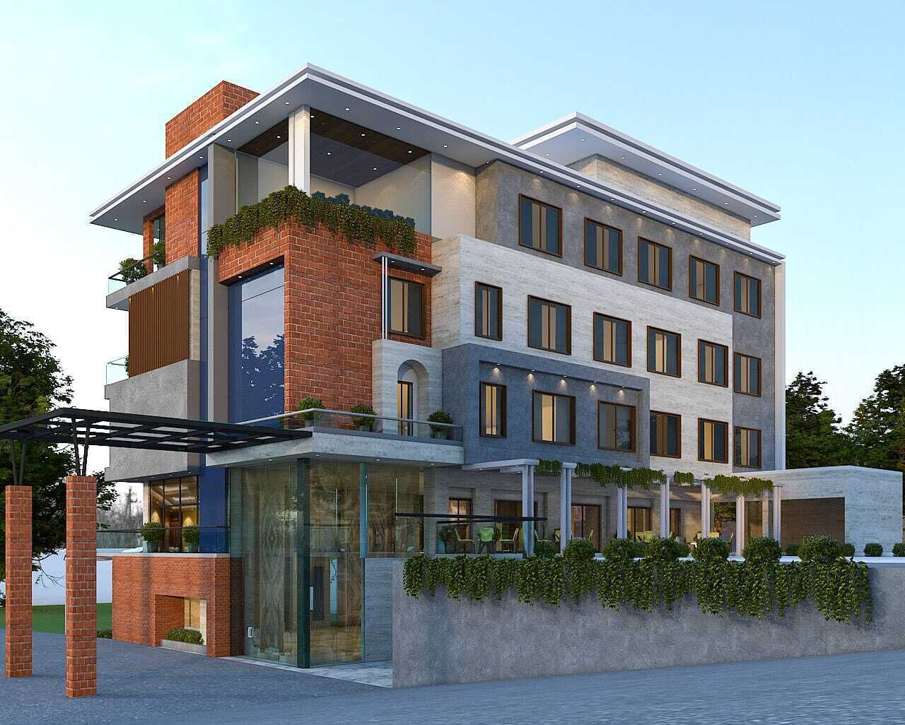 A modern multi-story hotel with a glass facade, outdoor seating area, and a mix of brick and concrete exterior.
