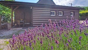 En rustik træhytte med skråt tag, en overdækket veranda og et forgrundsplan med lilla blomster.
