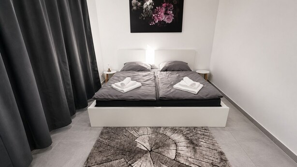 A modern bedroom with a bed, two bedside tables, a nightstand, a large rug, and a wall-mounted artwork. - Apartment mit Terrasse (Bielefeld)
