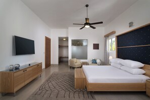 Camera moderna con un letto, una televisione, una ventola a soffitto e vista all'esterno.