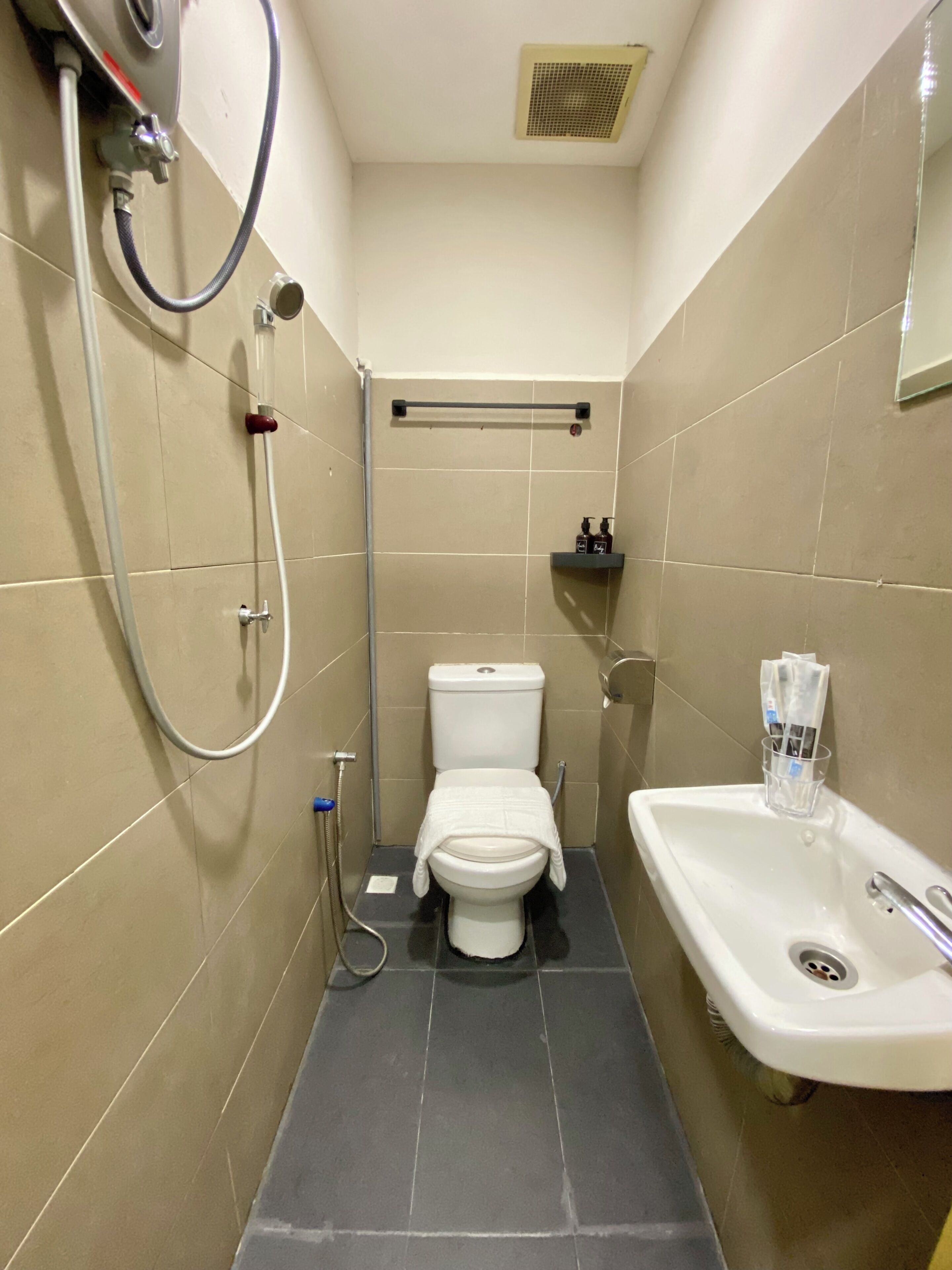Un baño pequeño con inodoro, lavamanos y ducha.