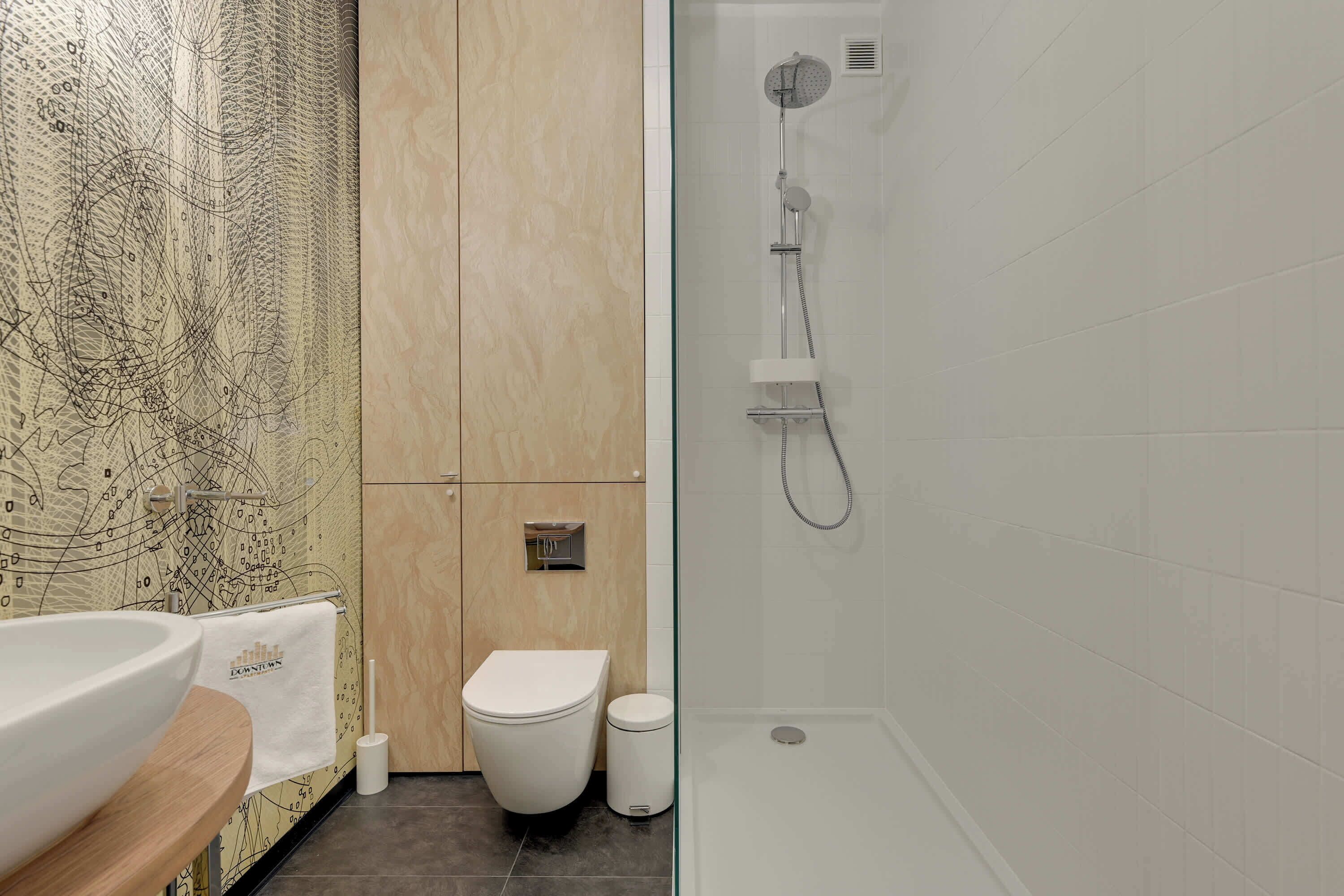 Shower, hair dryer, towels, shampoo