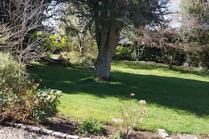 A well-maintained garden with a large tree, a grassy lawn, and a stone pathway. - Quiet 1-Bed Apartment | Free Parking, Fast Wi-Fi | Ideal for Contractors (Northmuir)