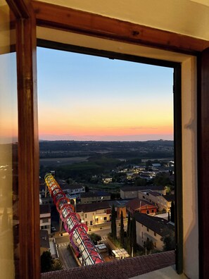Vista per una finestra d'un edifici amb una muntanya russa al fons, envoltada d'edificis residencials i un cel serè.