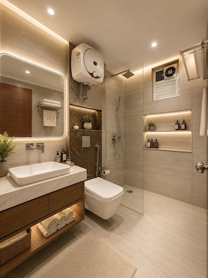 Shower, sandal, handuk, dan sabun