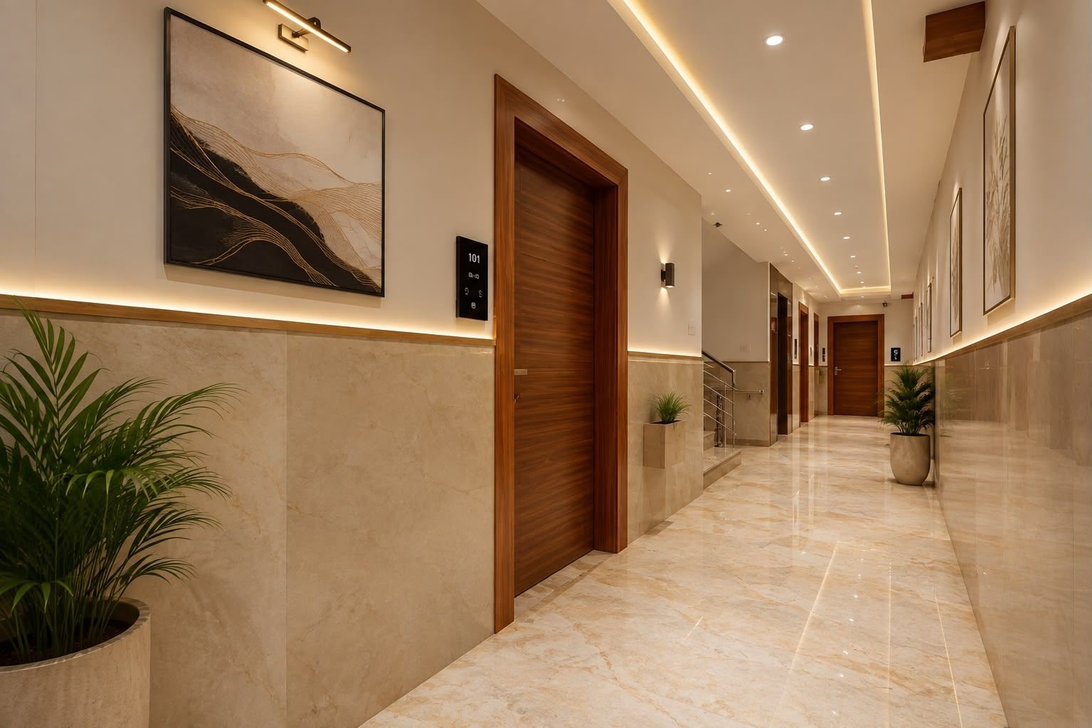 A hotel corridor with marble flooring, wooden doors, and framed artwork on the walls.