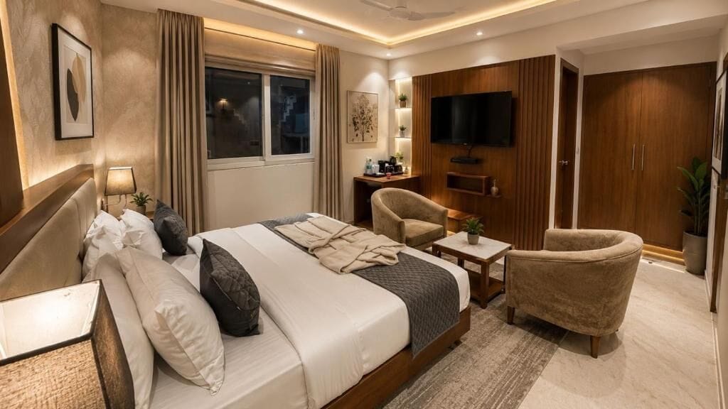 Ein Hotelzimmer mit einem Bett, zwei Stühlen, einem Fernseher, einem Schreibtisch und einem Kleiderschrank.