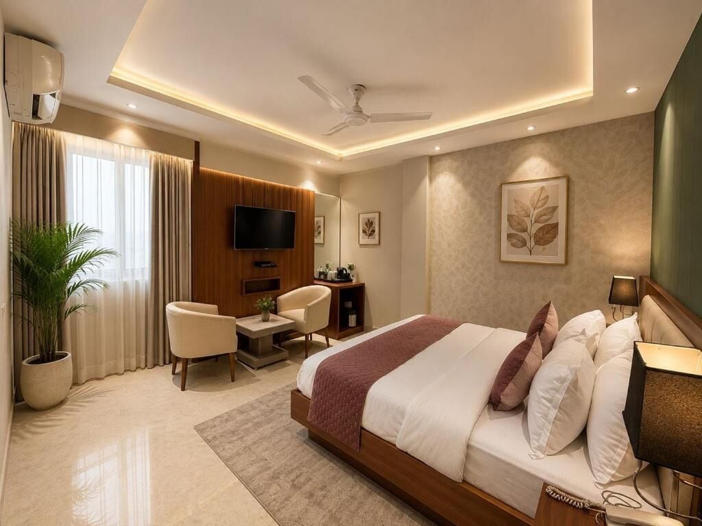 Una camera d'albergo moderna con un letto, una scrivania, una sedia, una televisione e una ventola a soffitto.