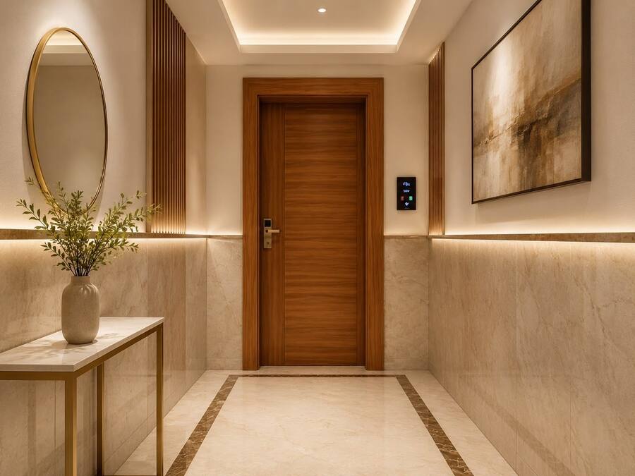 Un pasillo con una puerta de madera, un espejo en la pared, un jarrón con plantas y una obra de arte enmarcada.