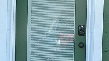 A green door with a frosted glass panel and a keypad lock.