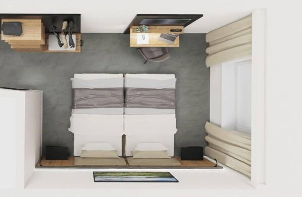 Un dormitorio pequeño con cama, un escritorio y una ventana con cortinas.