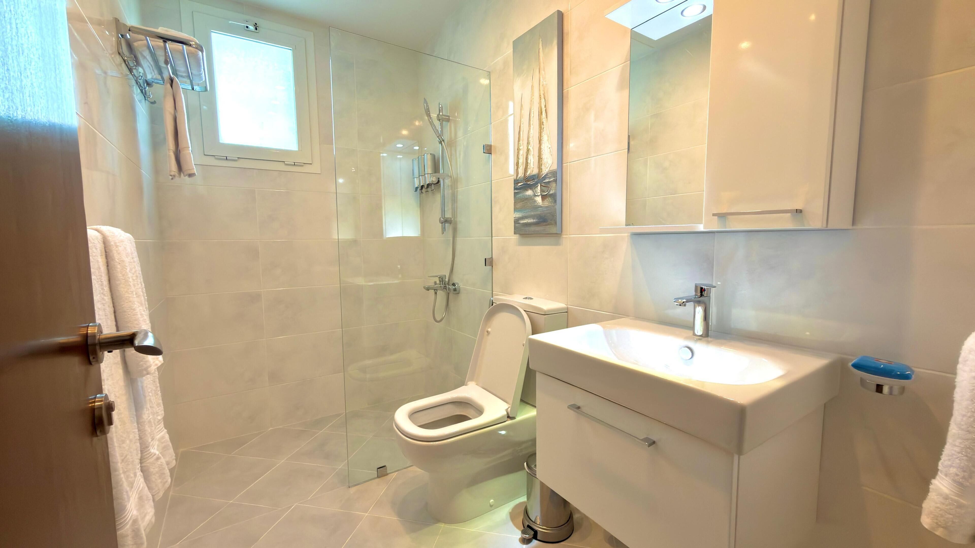 A modern bathroom with a glass-enclosed shower, a toilet, and a sink with a mirror above.