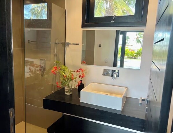 A modern bathroom with a glass-enclosed shower, a white sink, and a large mirror above the vanity.